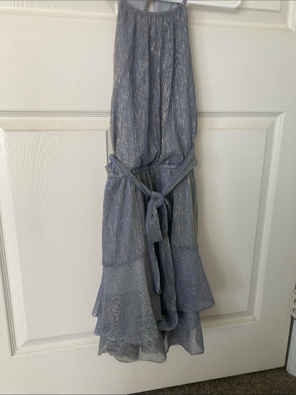 City Studio Silver-Threaded Sky Blue Halter High-Low Dress